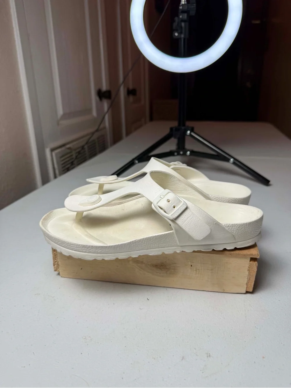 Birkenstock White EVA Thong Sandals with Adjustable Buckle - Picture 10 of 12